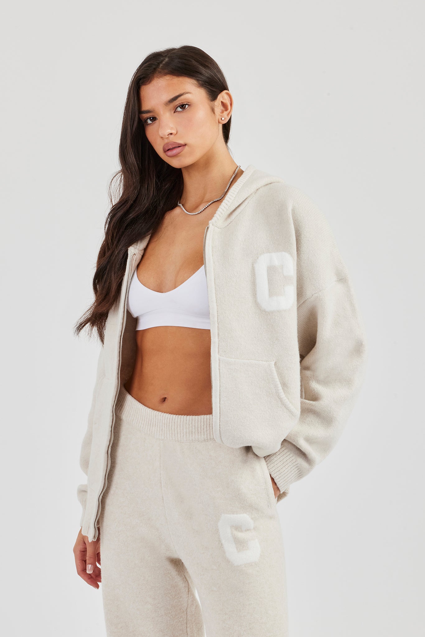Hooded Zip Through Knitted Jumper - Oatmeal